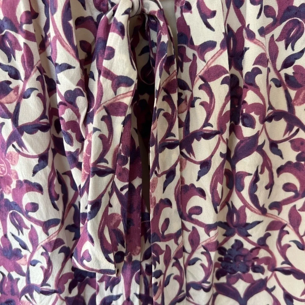 TORY BURCH Silk Logo Floral Vine Bow Tie Neck Top Blouse Sleeveless